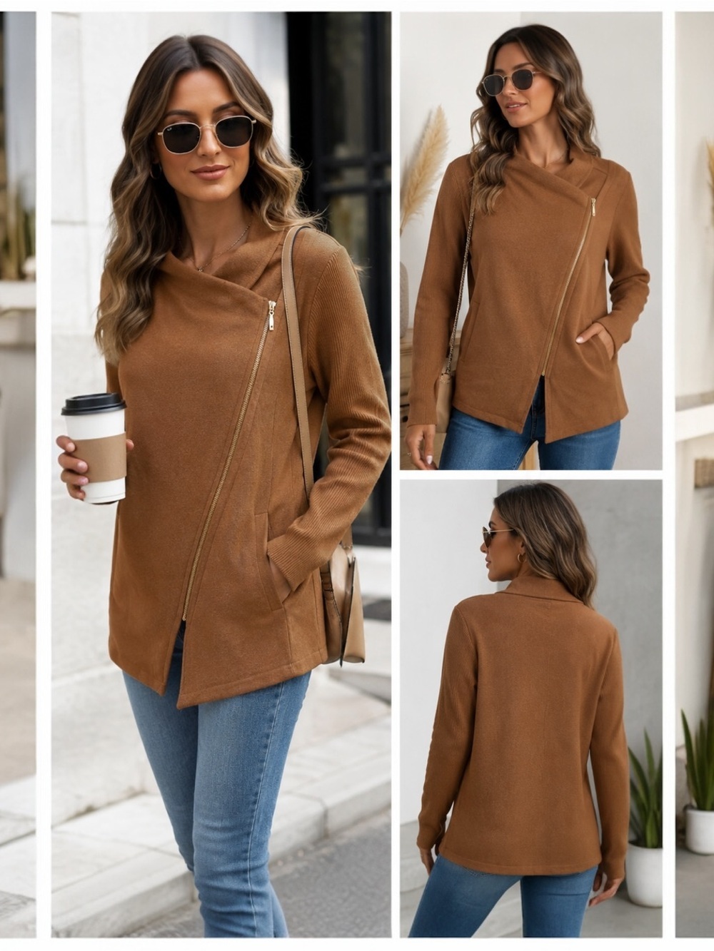 Cynthia Rowley Active Asymmetrical Zip Sweater Jacket XL Camel Brown